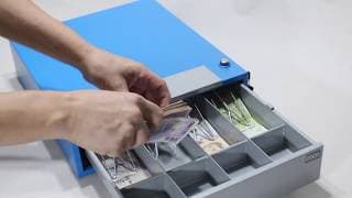 Gaveta monedero DASA. cerrad, botón abrir, alarma, 4divisiones. GP4. Cajón para dinero.